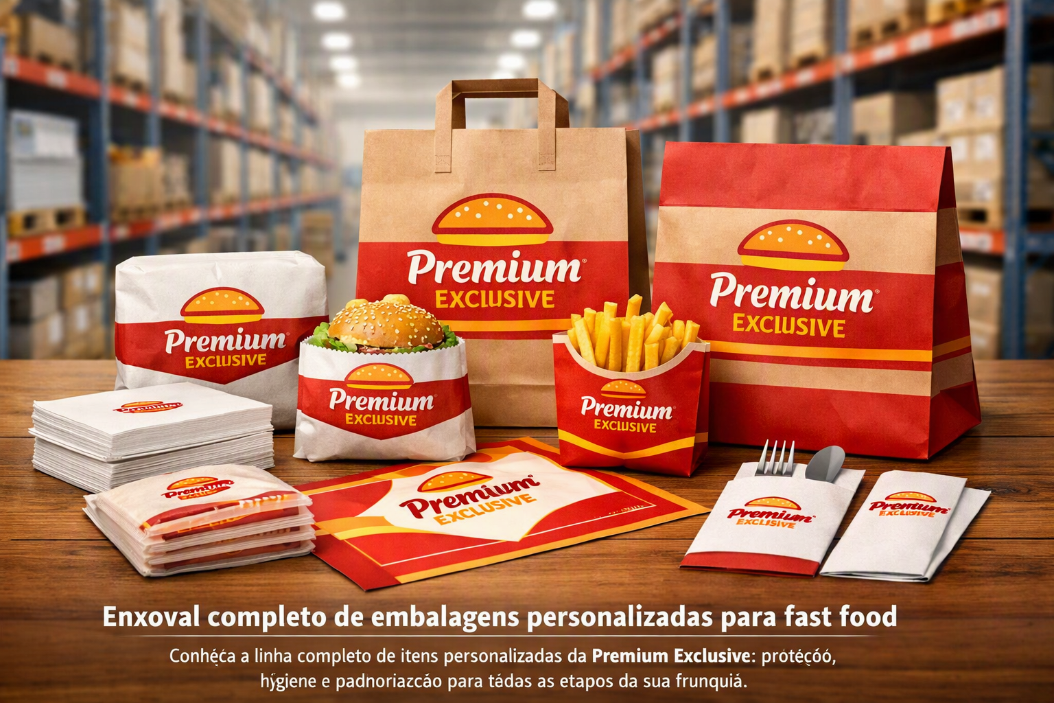 Imagem em arranjo corporativo exibindo o enxoval completo de embalagens personalizadas de fast food, incluindo sacos com barreira Greasepel, guardanapos embalados, fundos de bandeja e sacos para talheres.
