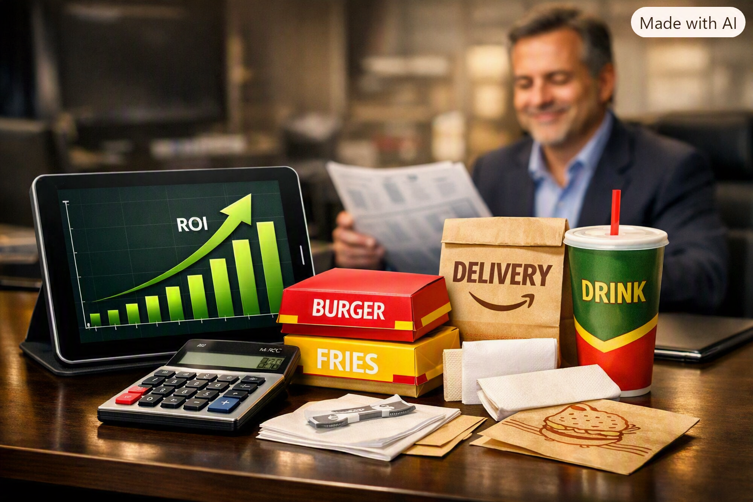 Imagem corporativa em close-up de um tablet exibindo gráficos de lucro em alta e uma calculadora ao lado de embalagens personalizadas de fast food sobre uma mesa de escritório.