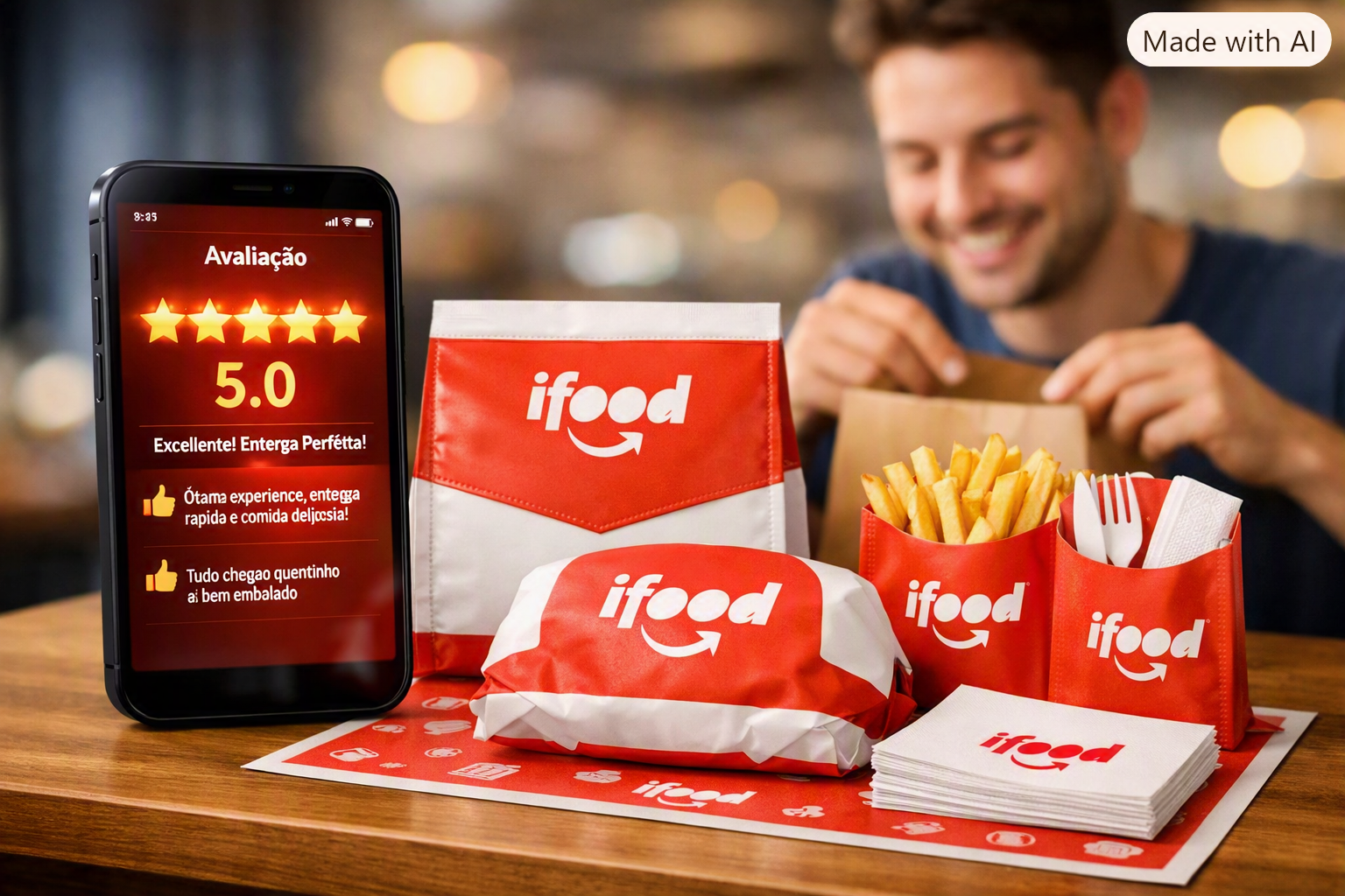 Imagem em close-up de um smartphone exibindo uma avaliação de 5 estrelas em um aplicativo de delivery, ao lado de embalagens personalizadas limpas e secas sobre uma mesa de madeira.