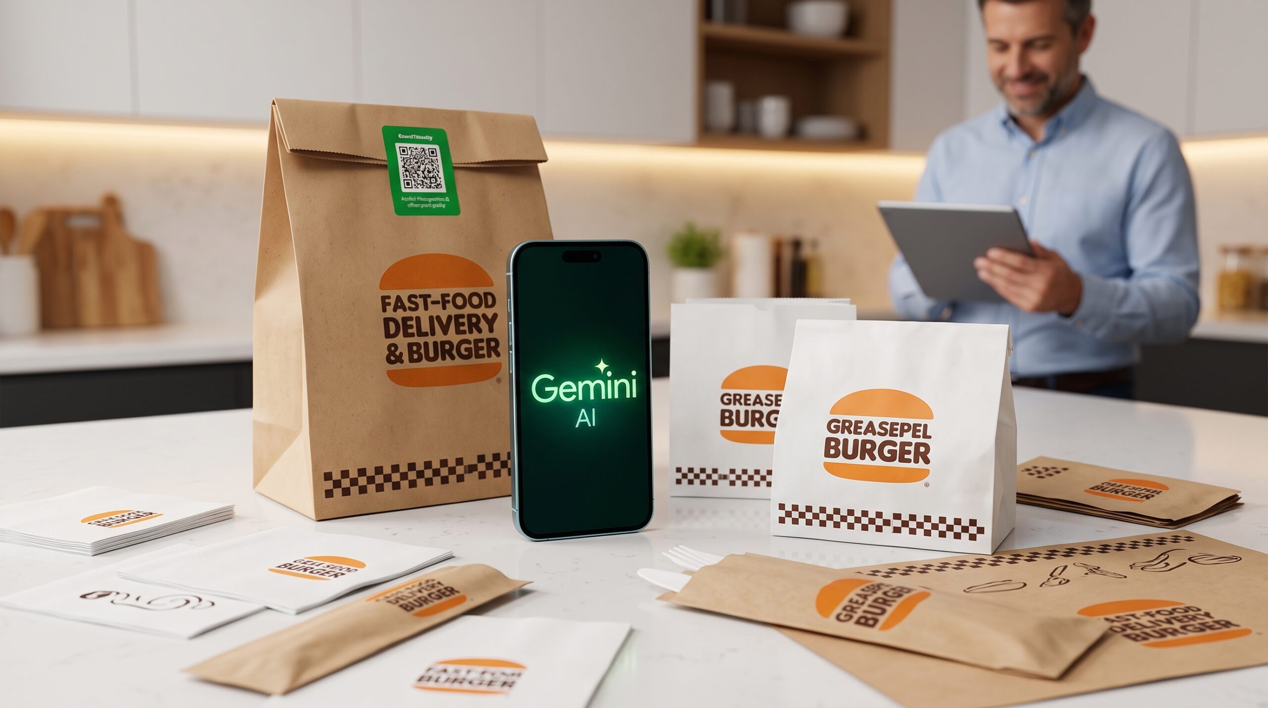 Imagem corporativa em close-up focado em um smartphone exibindo o logo do Gemini AI e gráficos de marketing, ao lado de um enxoval completo de embalagens personalizadas de fast food sobre uma bancada moderna.