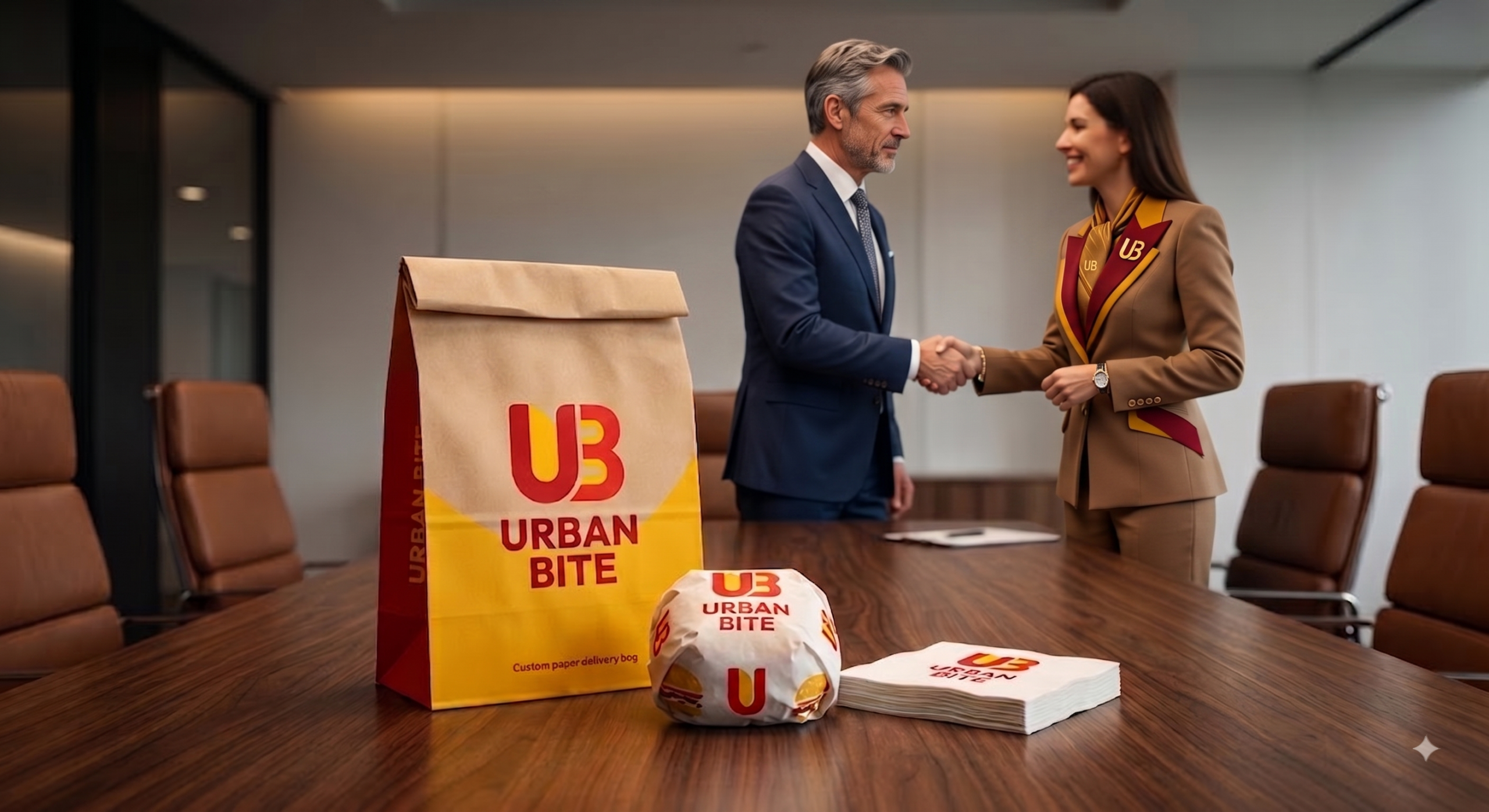 Imagem corporativa em uma sala de reunião exibindo um kit de embalagens padronizadas da Urban Bite — contendo um saco de delivery, um embrulho de hambúrguer e guardanapos personalizados —, enquanto um executivo de 50 anos e uma compradora vestindo um elegante uniforme de alta costura nas cores da marca apertam as mãos ao fundo.