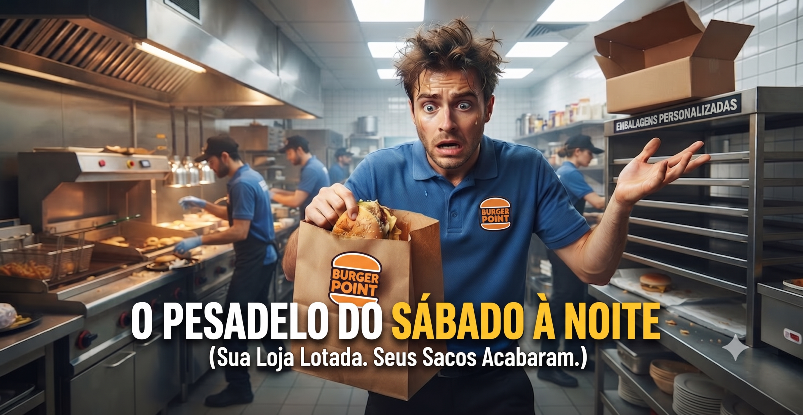 Embalagens Personalizadas - Gerente de fast food em pânico com falta de sacos impressos