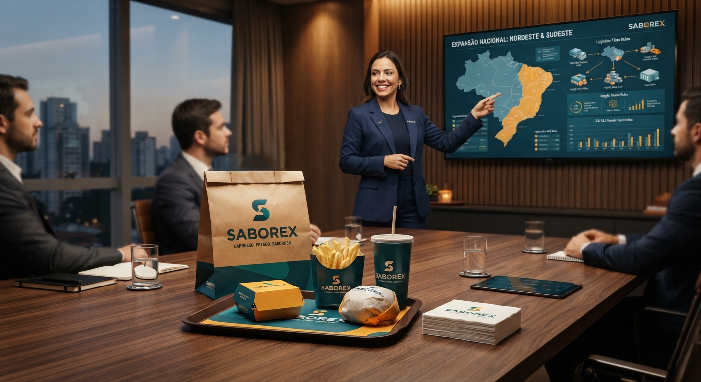 Imagem corporativa de uma sala de reunião moderna exibindo um kit completo e padronizado de embalagens personalizadas de fast food sobre uma mesa de madeira, com um executivo ao fundo analisando um mapa de expansão em uma tela digital.