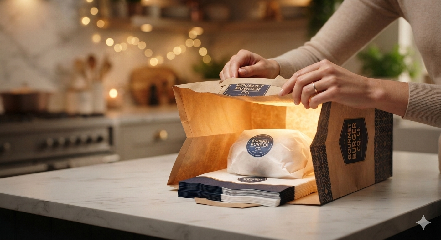 Imagem em close-up de mãos abrindo uma sacola de delivery de fast food de alta qualidade, de onde emana uma luz quente, revelando lanches bem embalados e guardanapos personalizados intactos.