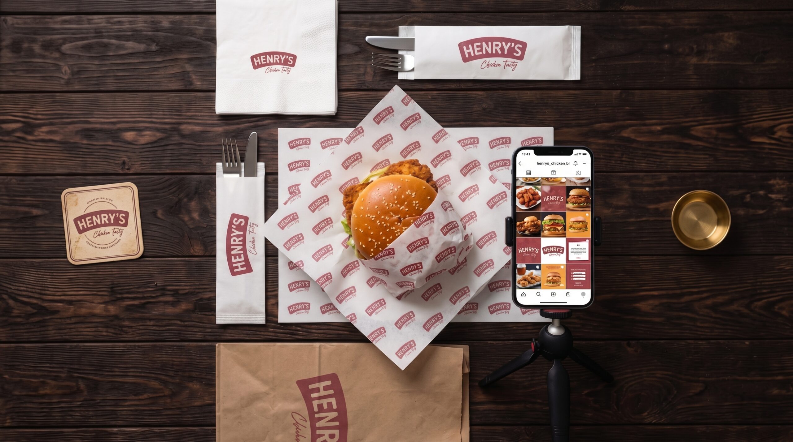 magem estilo flat lay de uma mesa de madeira escura com um hambúrguer gourmet em um saquinho personalizado, acompanhado de guardanapos e um smartphone exibindo fotos no Instagram.