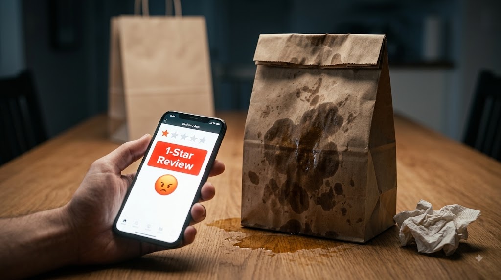 Imagem em close-up de uma mesa de madeira mostrando um celular na mão de um cliente exibindo uma avaliação negativa de 1 estrela em um aplicativo de delivery, ao lado de um saco de papel pardo manchado de gordura e um guardanapo amassado. Ao fundo, desfocado, vê-se uma embalagem Premium limpa.
